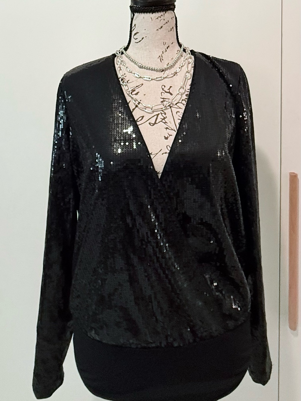 Black Sequin V-Neck Long Sleeve Bodysuit
